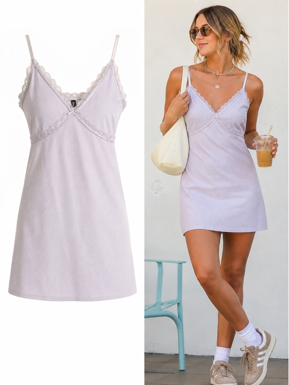 H&M Ribbed Lace Trim Y2K Mini Slip Dress Lilac Size L